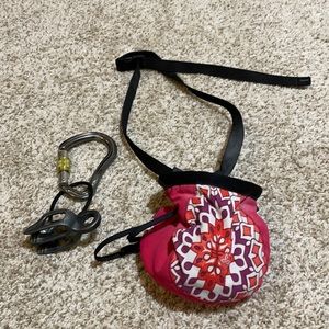 Climbing Gear - Belay Device, Locking Carabiner, and a Chalk Bag (with Chalk)